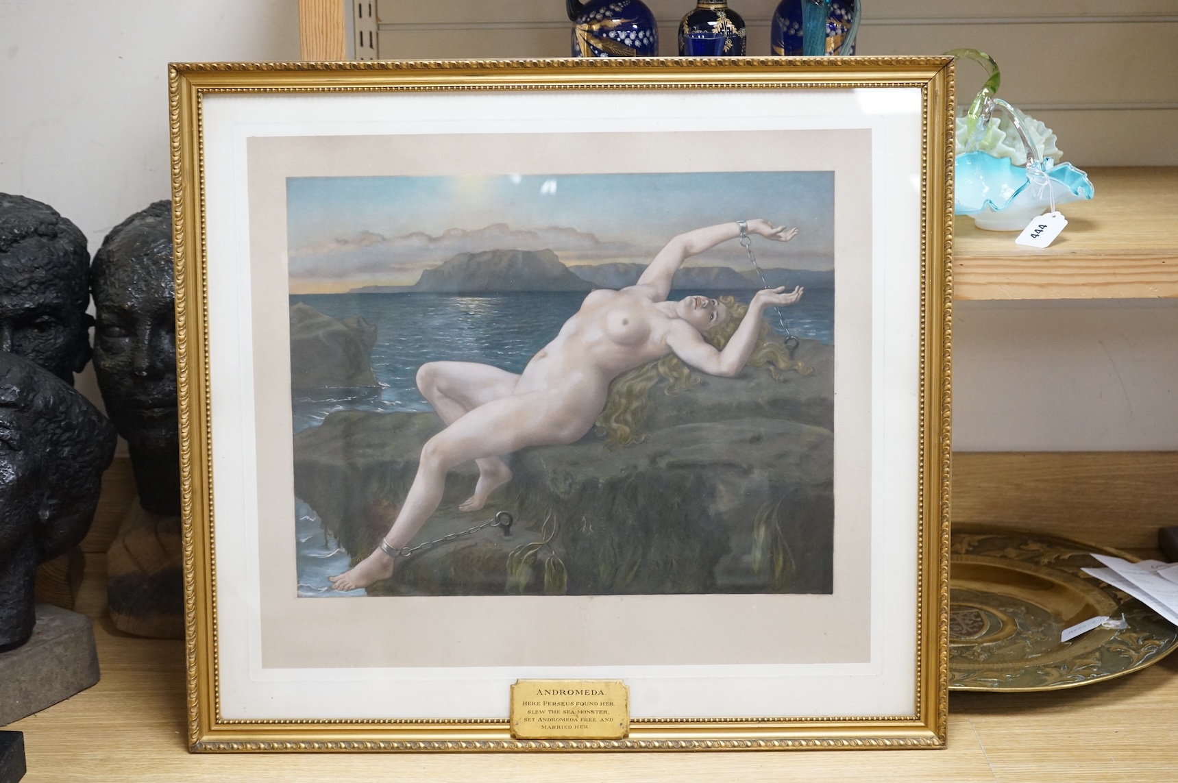 19th century, colour print, ‘Andromeda’, unsigned, 51 x 59cm, applied plaque to the gilt frame